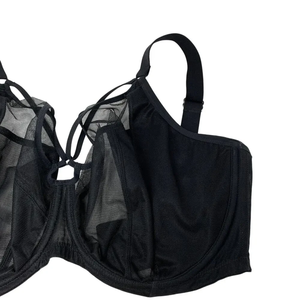 Elomi Matilda EL4350 Black Underwire Plunge Bra 32M US Sheer Mesh